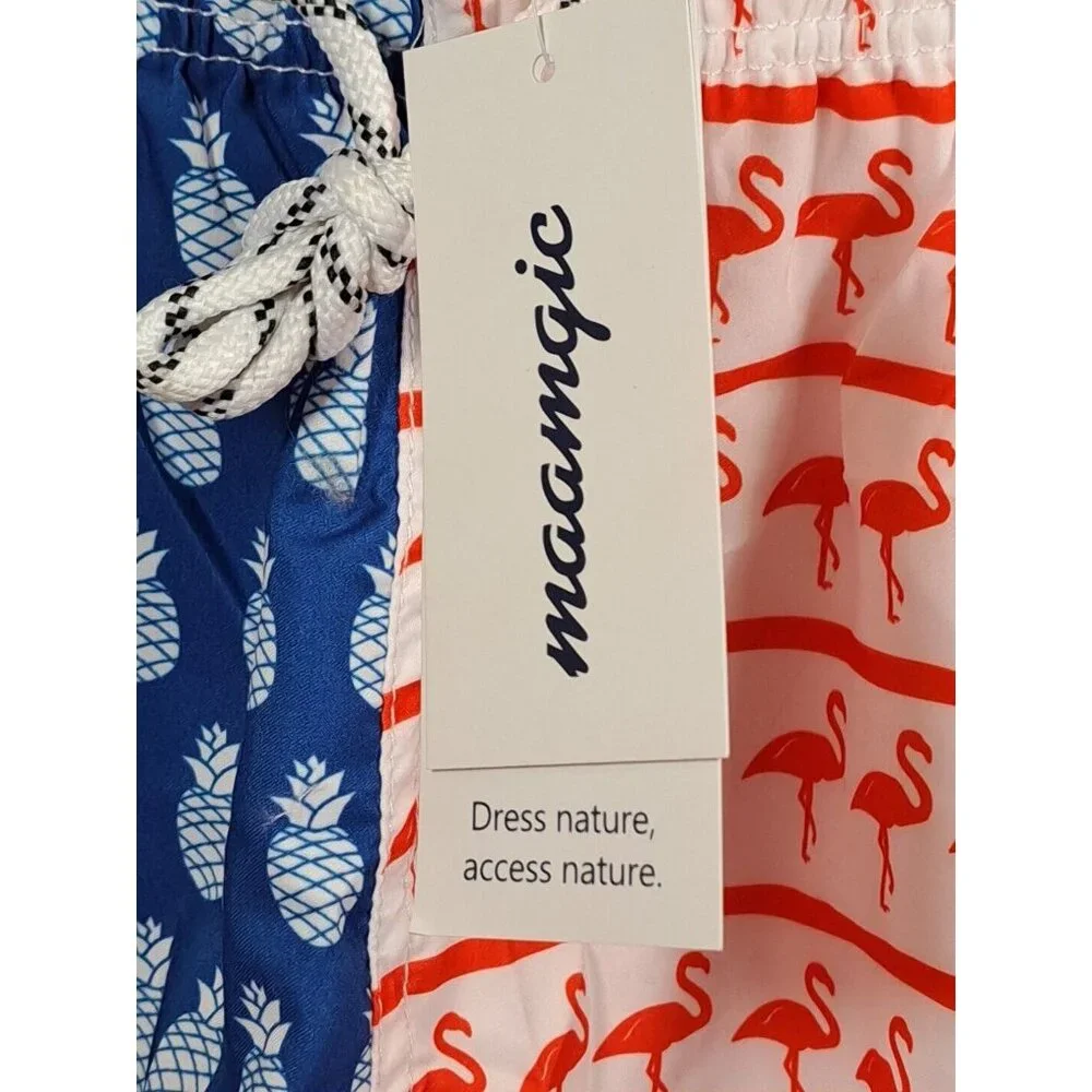 NWT Maamgic Swim Trunks Pineapple Flamingo Shorts Mesh Mens Size Large Blue Pink